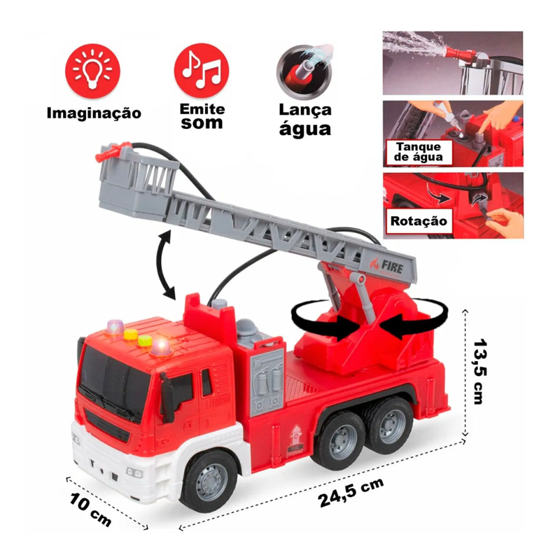 Caminhão Bombeiro Fricção Escada Lança Água - DM Toys