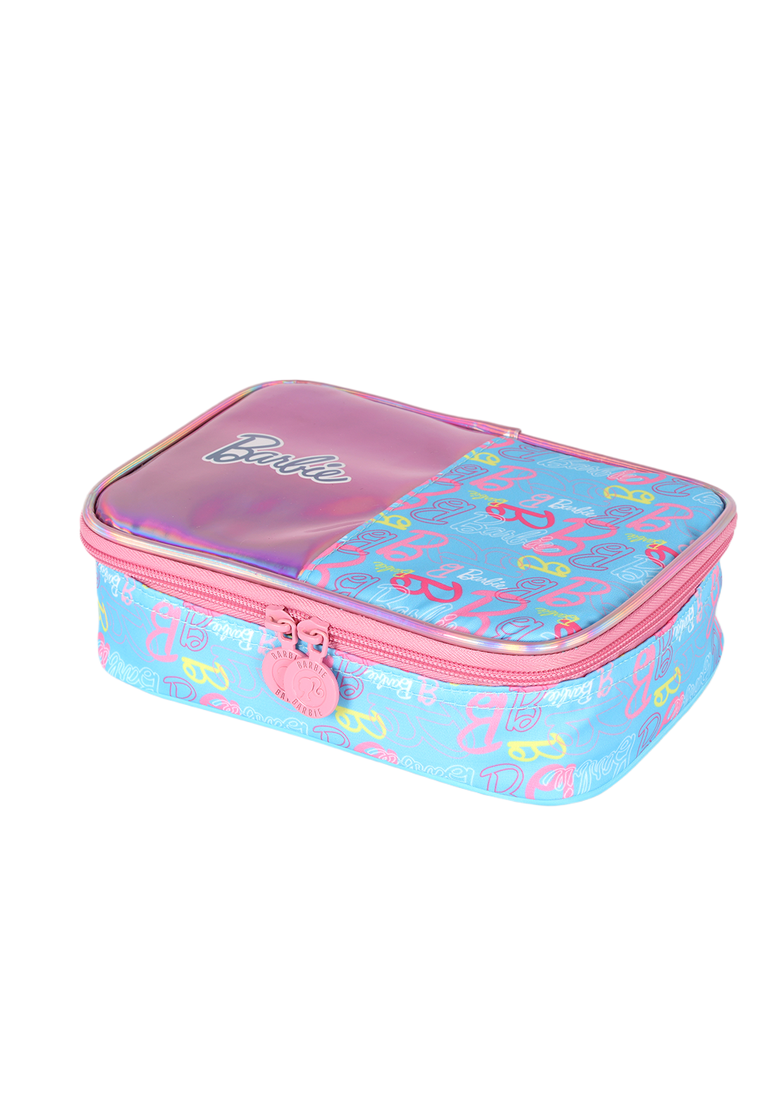 Kit Mochila de Costas G Barbie AZUL Holográfica + Estojo Box Organizador Luxcel (2 Peças)