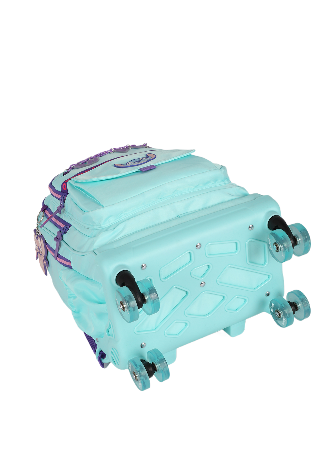 Mochila de Rodinhas G Stitch Disney Luxcel | Turquesa e Roxo | Ohana | Com Chaveiro Fofo