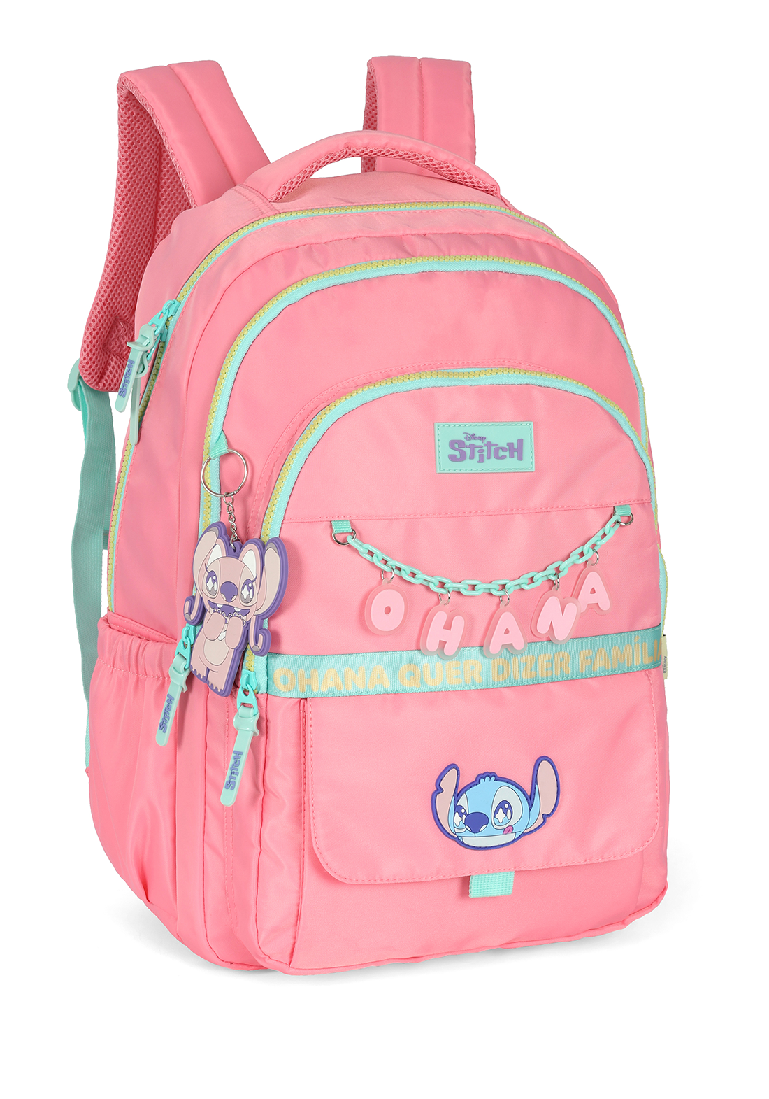 Mochila de Costas G Stitch Disney Luxcel | Rosa Salmão Turquesa | Ohana | Chaveiro Angel