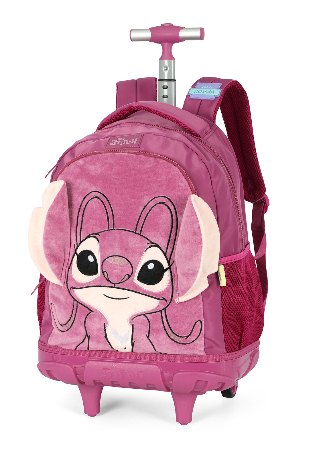 Mochila de Rodinhas G Angel Stitch Disney Luxcel | Pink Roxa Pelúcia 3D | Com Orelhas