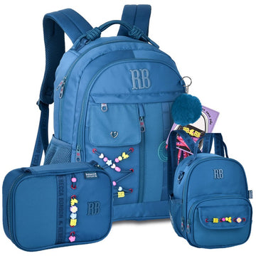 Kit Completo Mochila Lancheira Estojo Rebecca Bonbon RB Clio Style - Miçangas e Cadarço Azul