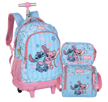 Kit Escolar Stitch & Angel Luxcel - Mochila de Rodinha + Lancheira + Estojo