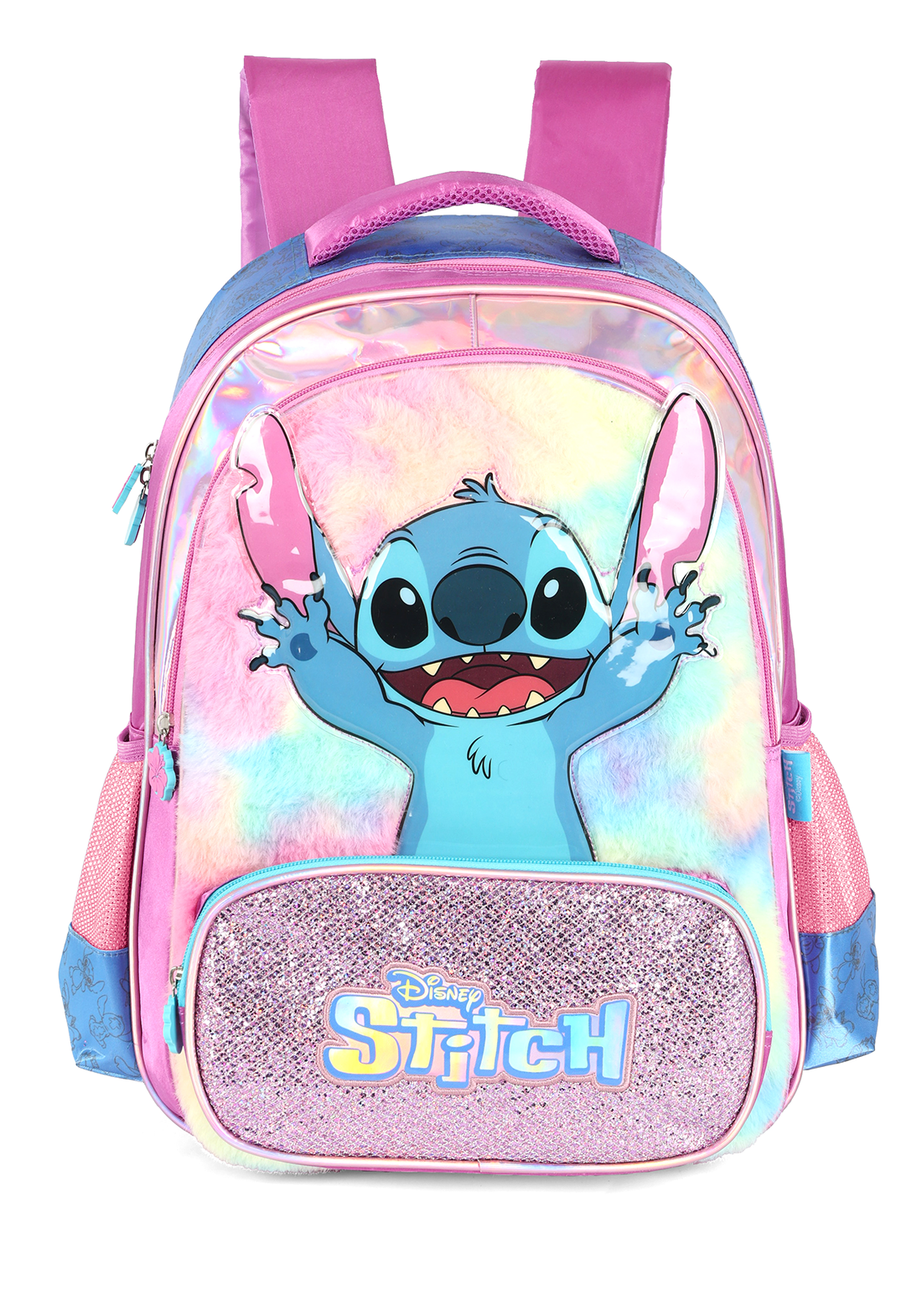Kit Mochila de Costas G Stitch PINK Pelúcia + Lancheira Térmica Glitter Luxcel Disney (2 Peças)