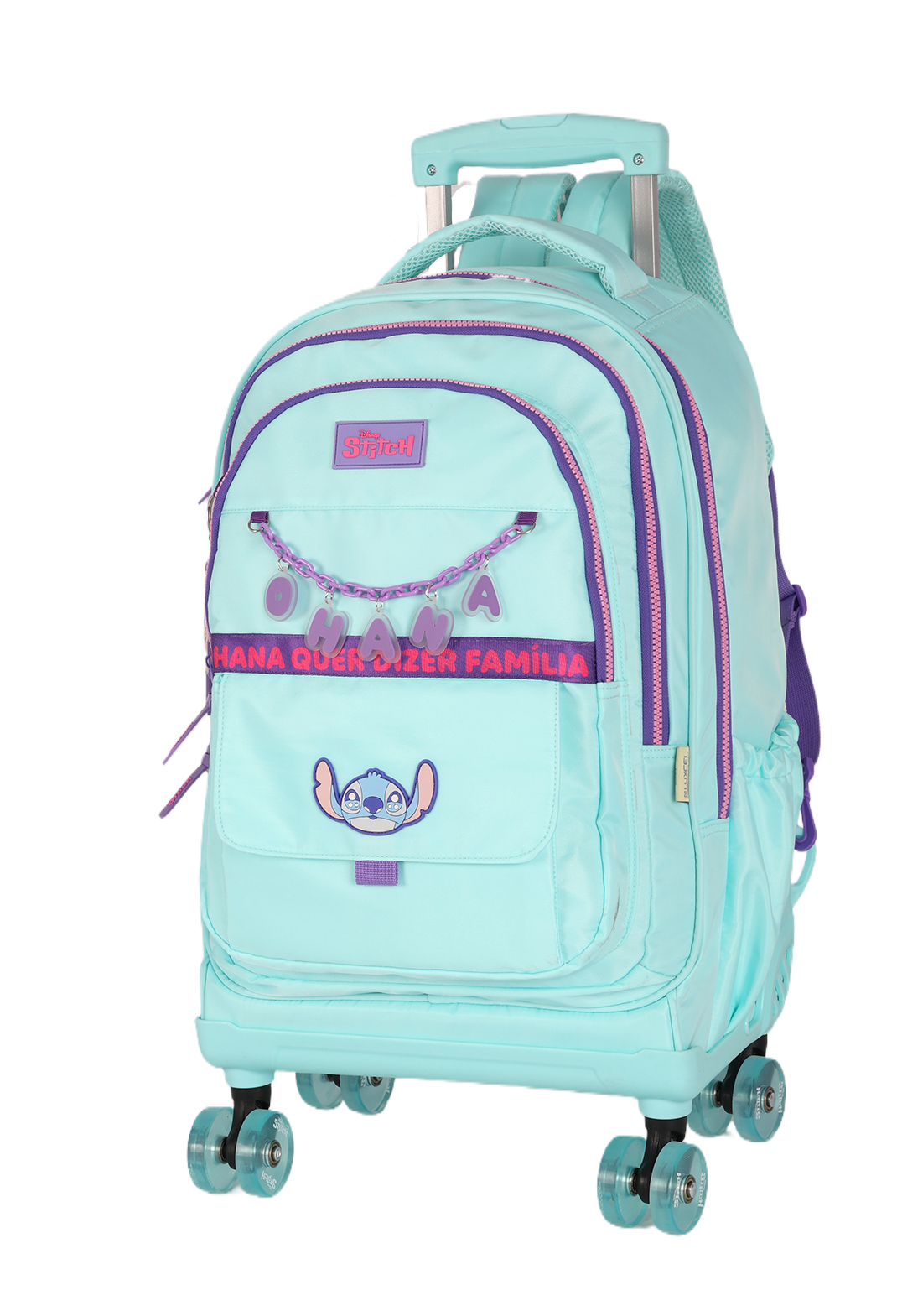 Mochila de Rodinhas G Stitch Disney Luxcel | Turquesa e Roxo | Ohana | Com Chaveiro Fofo