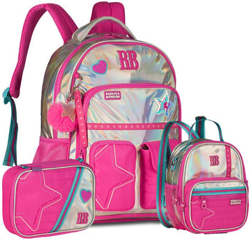 Kit Completo Rebecca Bonbon Holográfico - Mochila + Lancheira + Estojo Box - Rosa