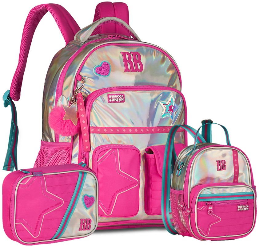 Kit Completo Rebecca Bonbon Holográfico - Mochila + Lancheira + Estojo Box - Rosa