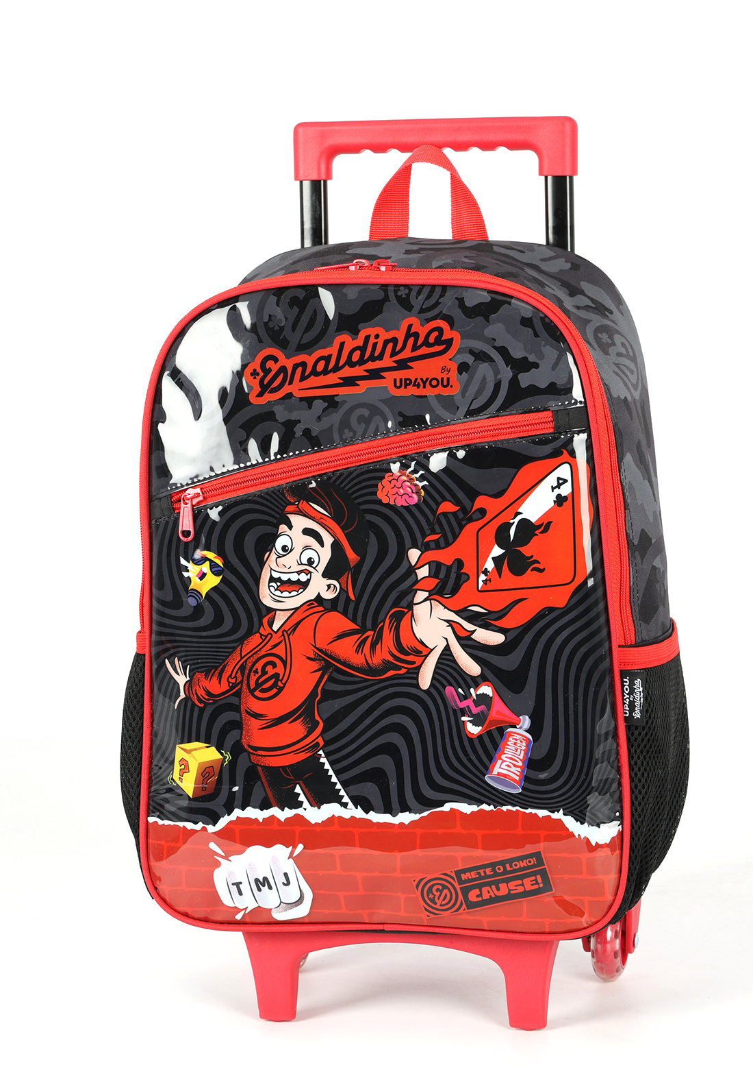 KIT Escolar COMPLETO Enaldinho Rodinhas G UP4YOU 3 Peças | Preto, Vermelho Neon | Lancheira e Estojo