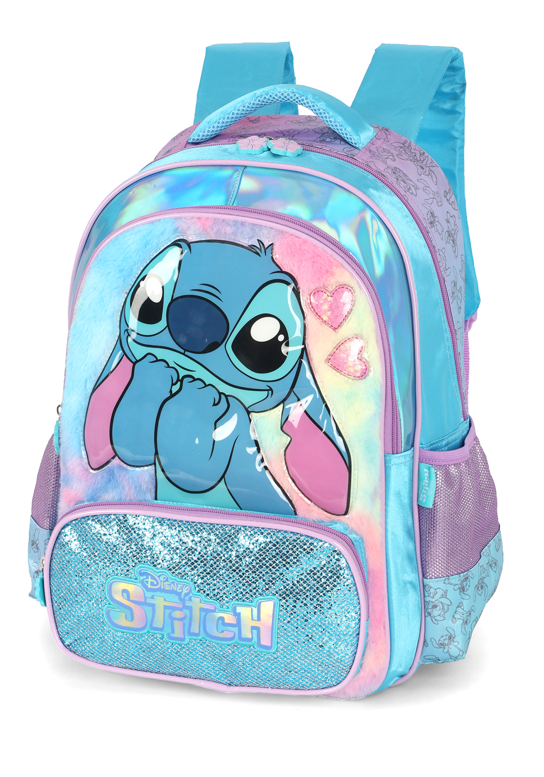 Kit Mochila de Costas G Stitch AZUL Pelúcia & Glitter + Estojo Box Duplo Holográfico Luxcel (2 Peças)