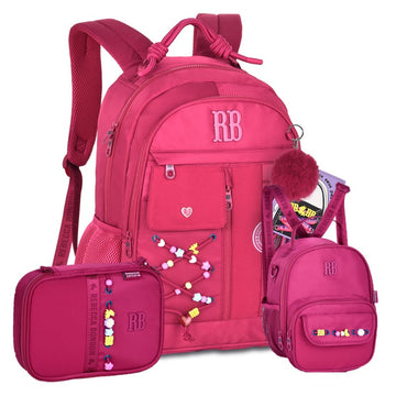Kit Completo Mochila Lancheira Estojo Rebecca Bonbon RB Clio Style - Miçangas e Cadarço Rosa