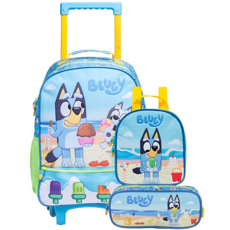 Kit Escolar Bluey 3 em 1: Mochila de Rodinhas + Lancheira Térmica + Estojo Xeryus Original