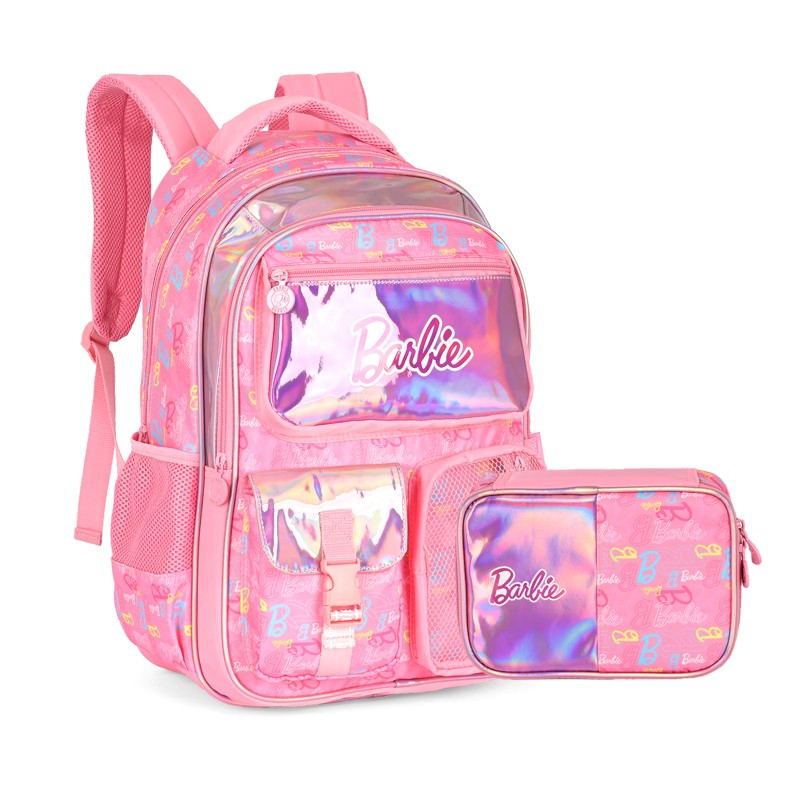 Kit Mochila de Costas G Barbie PINK Holográfica + Estojo Box Organizador Luxcel (2 Peças)