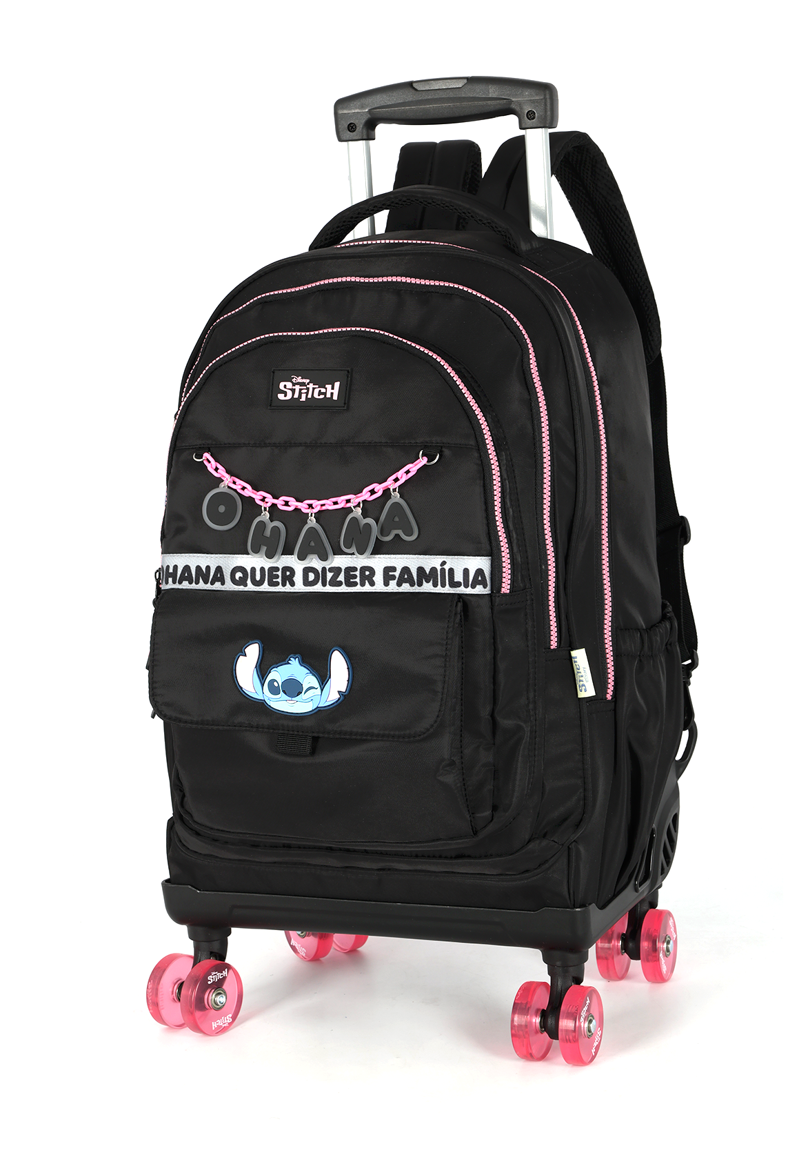 Mochila de Rodinhas G Stitch Disney Luxcel | Preta e Pink | Ohana | Rodas em Gel
