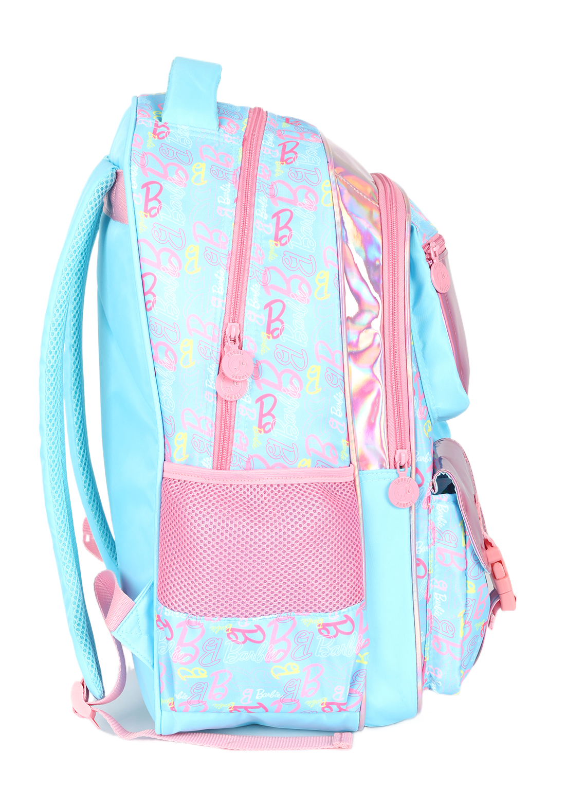 Kit Mochila de Costas G Barbie AZUL Holográfica + Estojo Box Organizador Luxcel (2 Peças)