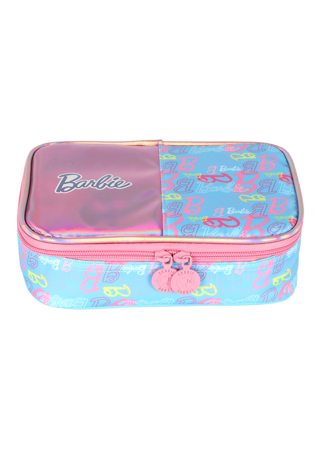 Kit Mochila de Costas G Barbie AZUL Holográfica + Estojo Box Organizador Luxcel (2 Peças)