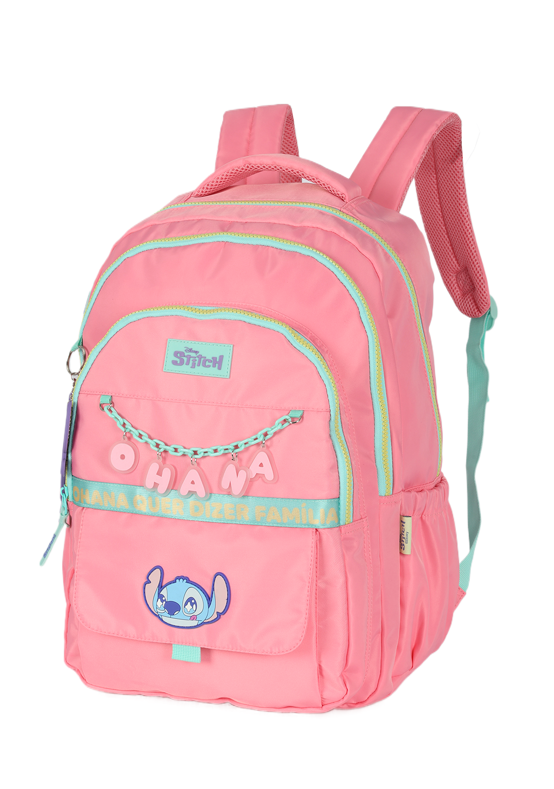 Kit Mochila de Costas G + Estojo Box Stitch Disney | Rosa Salmão Turquesa | 2 Peças Ohana | Chaveiro Angel