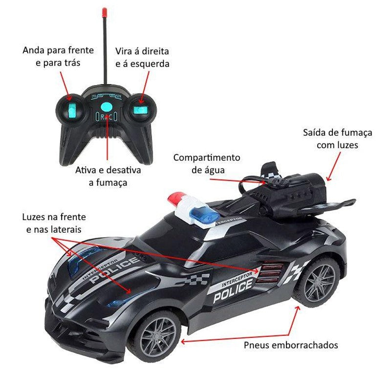 Carrinho de Polícia Solta Fumaça Com Luz Controle Remoto