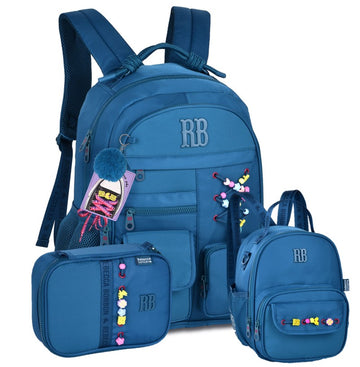 Kit Completo Mochila Lancheira Estojo Rebecca Bonbon RB Clio Style - Cadarço e Miçangas Azul
