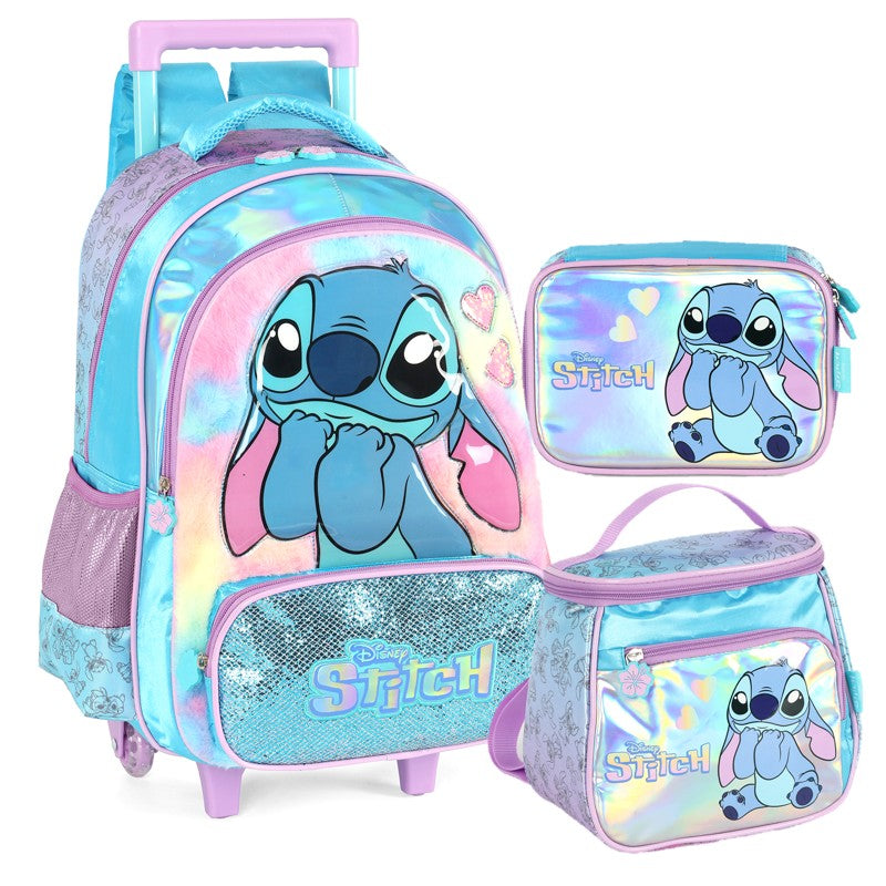 KIT Escolar COMPLETO Stitch Holográfico - Mochila de Rodinhas + Lancheira Térmica + Estojo Box Duplo Luxcel