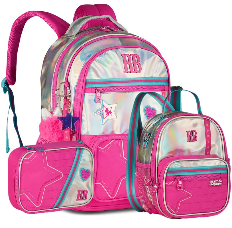 Kit Completo Rebecca Bonbon Holográfico - Mochila + Lancheira + Estojo Box - Rosa