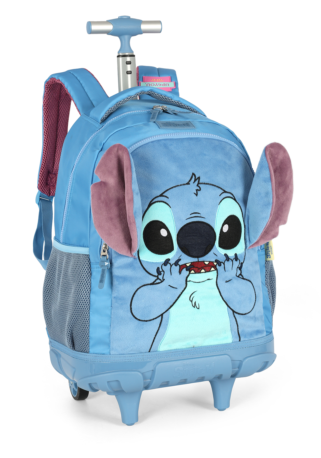 Mochila de Rodinhas G Stitch Disney Luxcel | Azul Pelúcia 3D | Com Orelhas | Aveludada