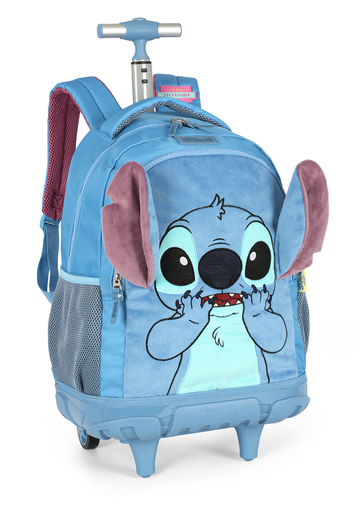 Mochila de Rodinhas G Stitch Disney Luxcel | Azul Pelúcia 3D | Com Orelhas | Aveludada