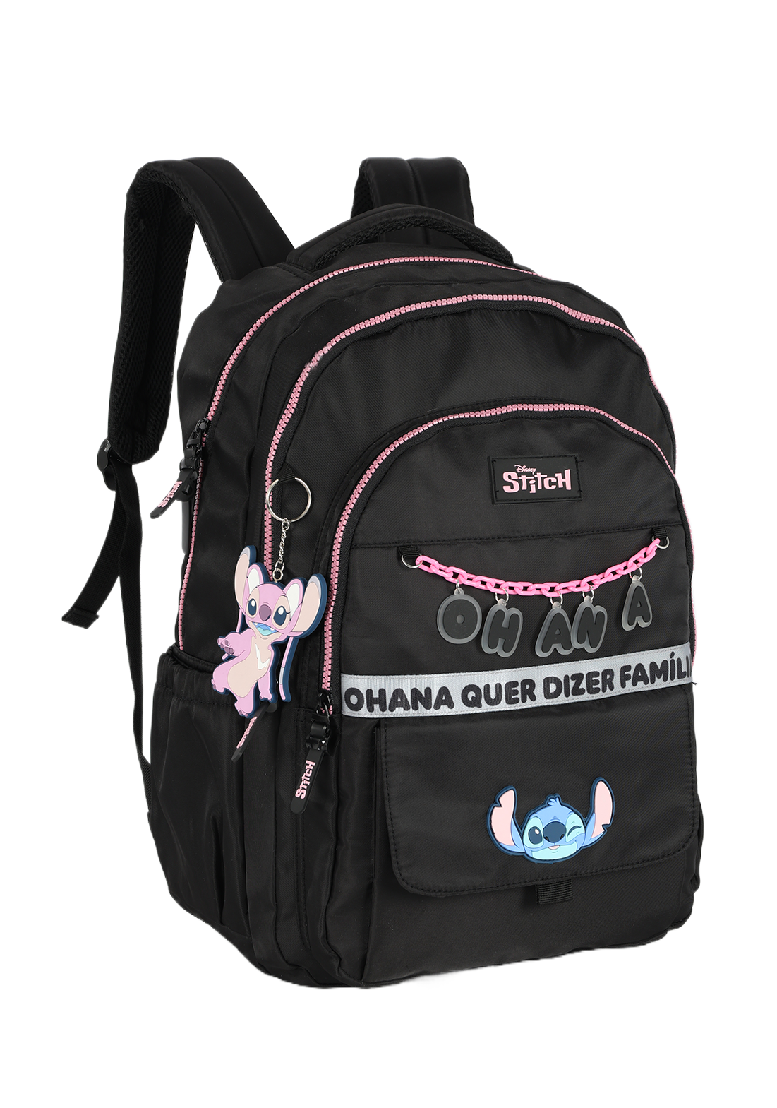 Mochila de Costas G Stitch Disney Luxcel | Preto Pink | Ohana | Chaveiro Angel