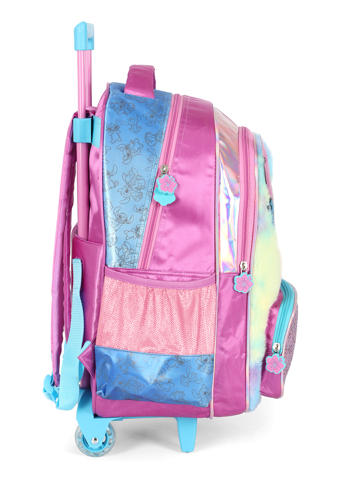 KIT Escolar COMPLETO Stitch PINK Holográfico - Mochila Rodas G + Lancheira Térmica + Estojo Box Duplo Luxcel