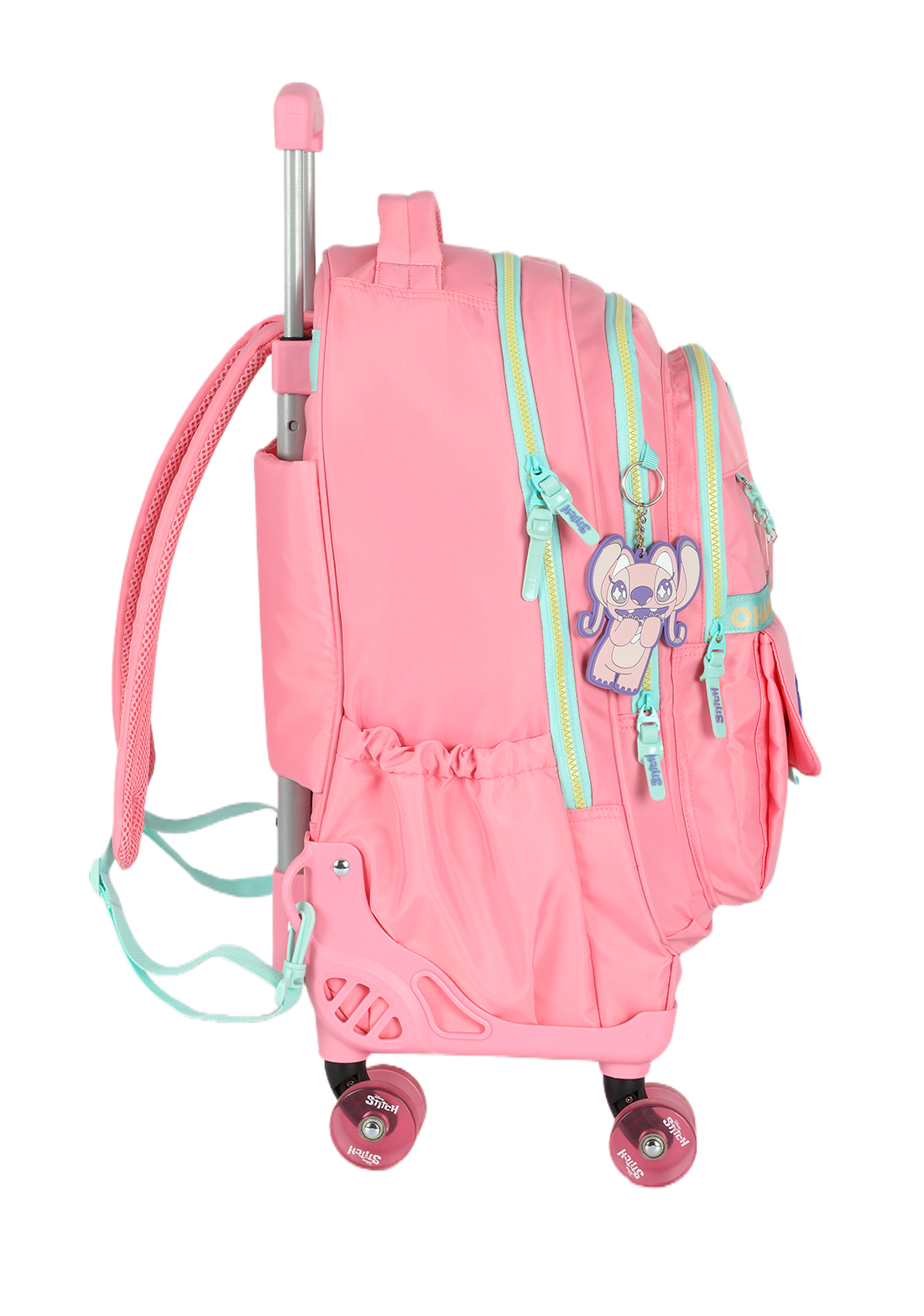 Mochila de Rodinhas G Stitch Disney Luxcel | Rosa Salmão e Turquesa | Ohana | Chaveiro Angel