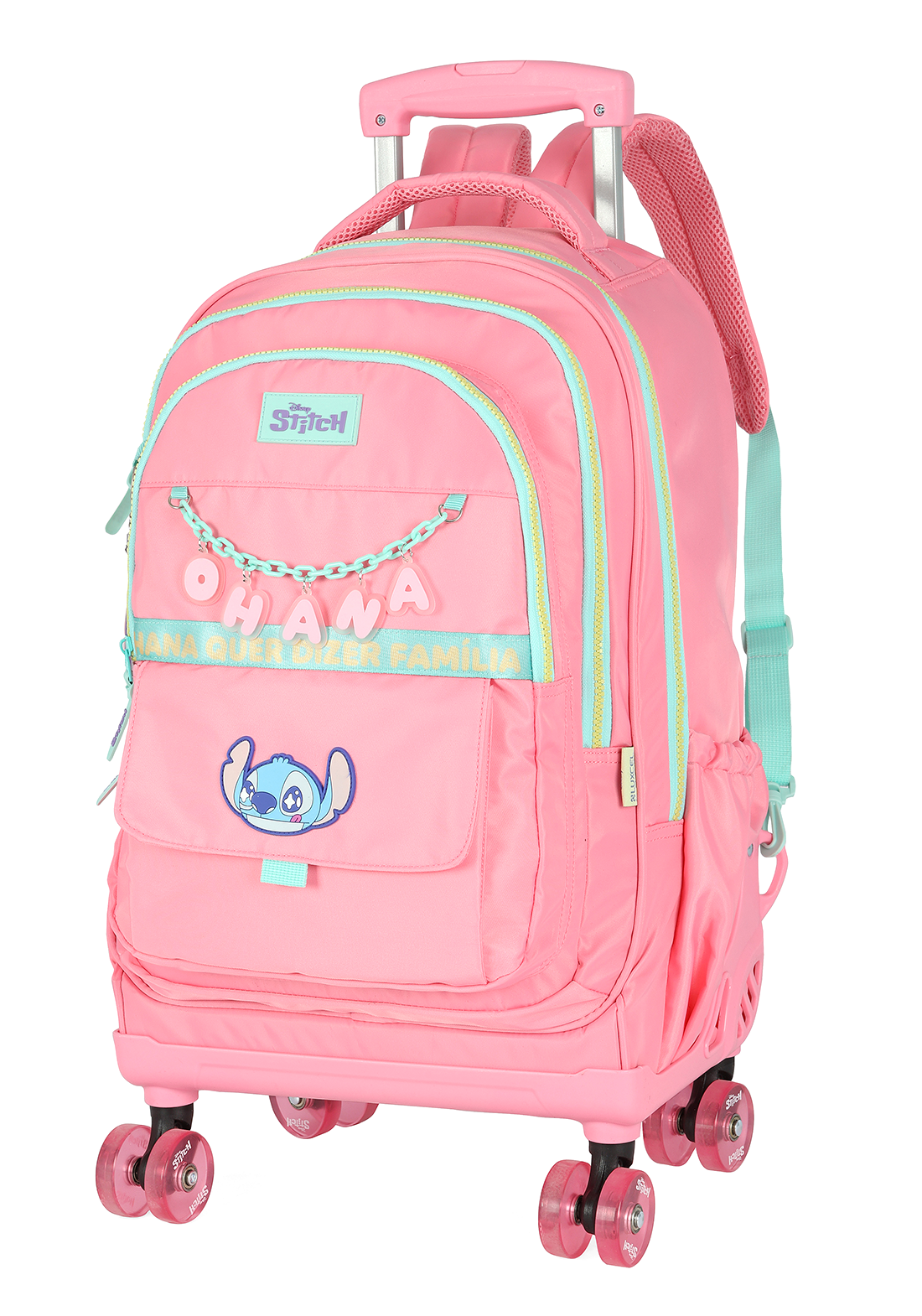 Mochila de Rodinhas G Stitch Disney Luxcel | Rosa Salmão e Turquesa | Ohana | Chaveiro Angel