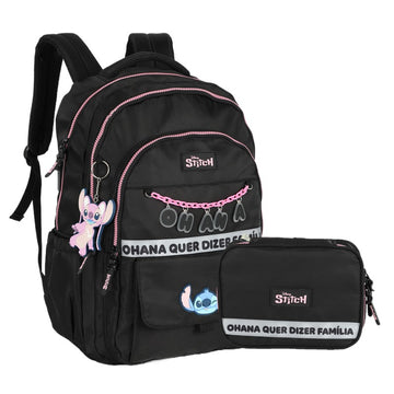 Kit Mochila de Costas G + Estojo Box Stitch Disney | Preto Pink | 2 Peças Ohana | Chaveiro Angel