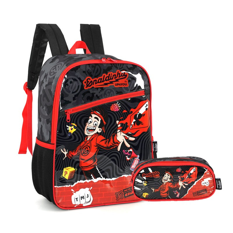Kit Mochila de Costas G + Estojo Box Enaldinho UP4YOU | Youtuber | Preto e Vermelho | 2 Peças