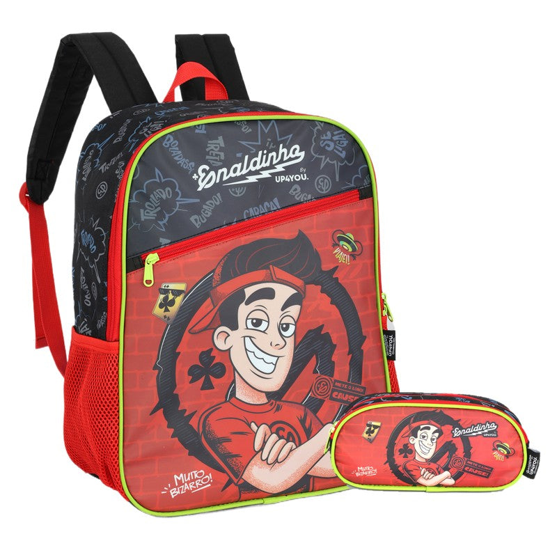Kit Mochila de Costas G + Estojo Box Enaldinho UP4YOU | Preto e Vermelho Neon | Youtuber 2 Peças