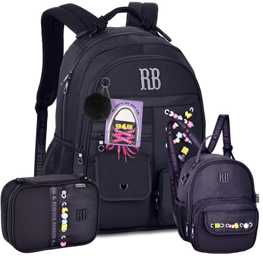 Kit Completo Mochila Lancheira Estojo Rebecca Bonbon RB Clio Style - Cadarço e Estilo Black