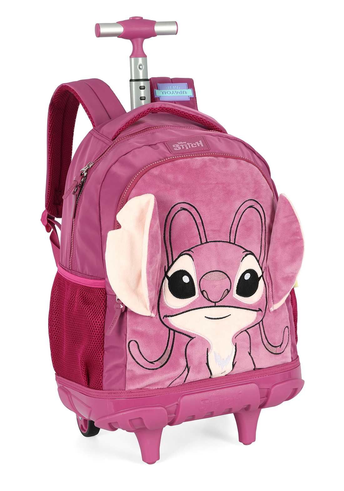 Mochila de Rodinhas G Angel Stitch Disney Luxcel | Pink Roxa Pelúcia 3D | Com Orelhas