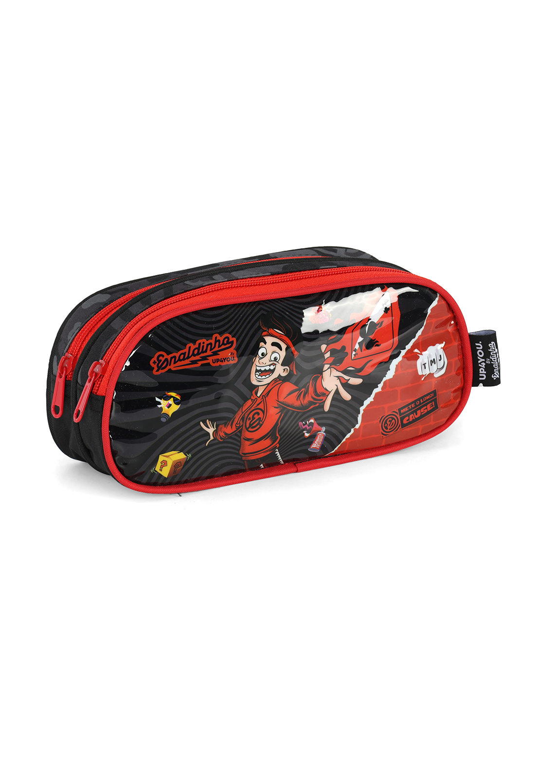 KIT Escolar COMPLETO Enaldinho Rodinhas G UP4YOU 3 Peças | Preto, Vermelho Neon | Lancheira e Estojo