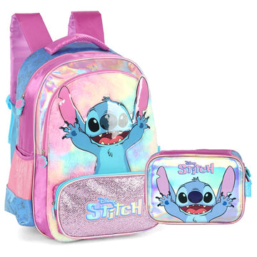 Kit Mochila de Costas G Stitch PINK Pelúcia + Lancheira Térmica Glitter Luxcel Disney (2 Peças)