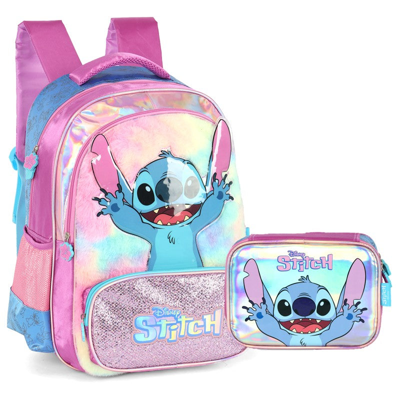 Kit Mochila de Costas G Stitch PINK Pelúcia + Lancheira Térmica Glitter Luxcel Disney (2 Peças)