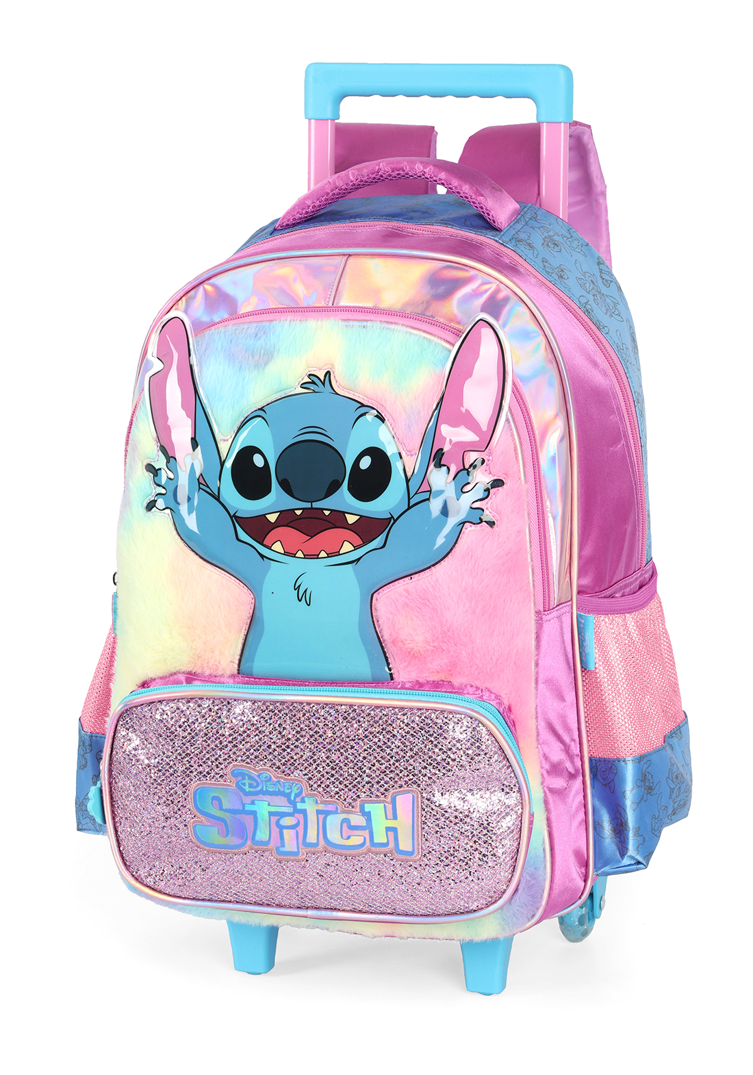 KIT Escolar COMPLETO Stitch PINK Holográfico - Mochila Rodas G + Lancheira Térmica + Estojo Box Duplo Luxcel