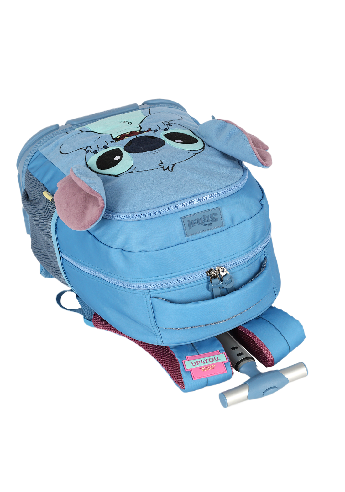 Mochila de Rodinhas G Stitch Disney Luxcel | Azul Pelúcia 3D | Com Orelhas | Aveludada