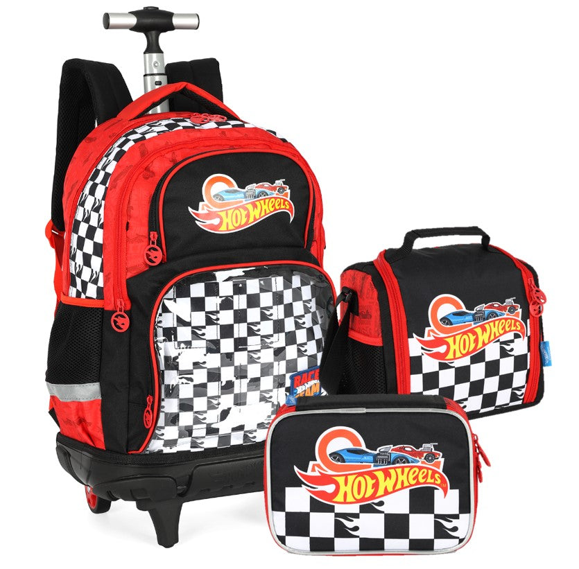 Kit Mochila de Rodinha Lancheira Estojo Hot Wheels Luxcel Estampa Xadrez