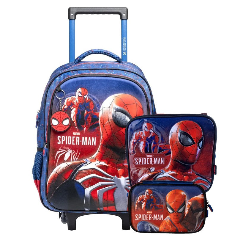 Kit Mochila Rodinhas Homem Aranha Xeryus Escolar Lancheira Térmica Estojo Box 3D Marvel