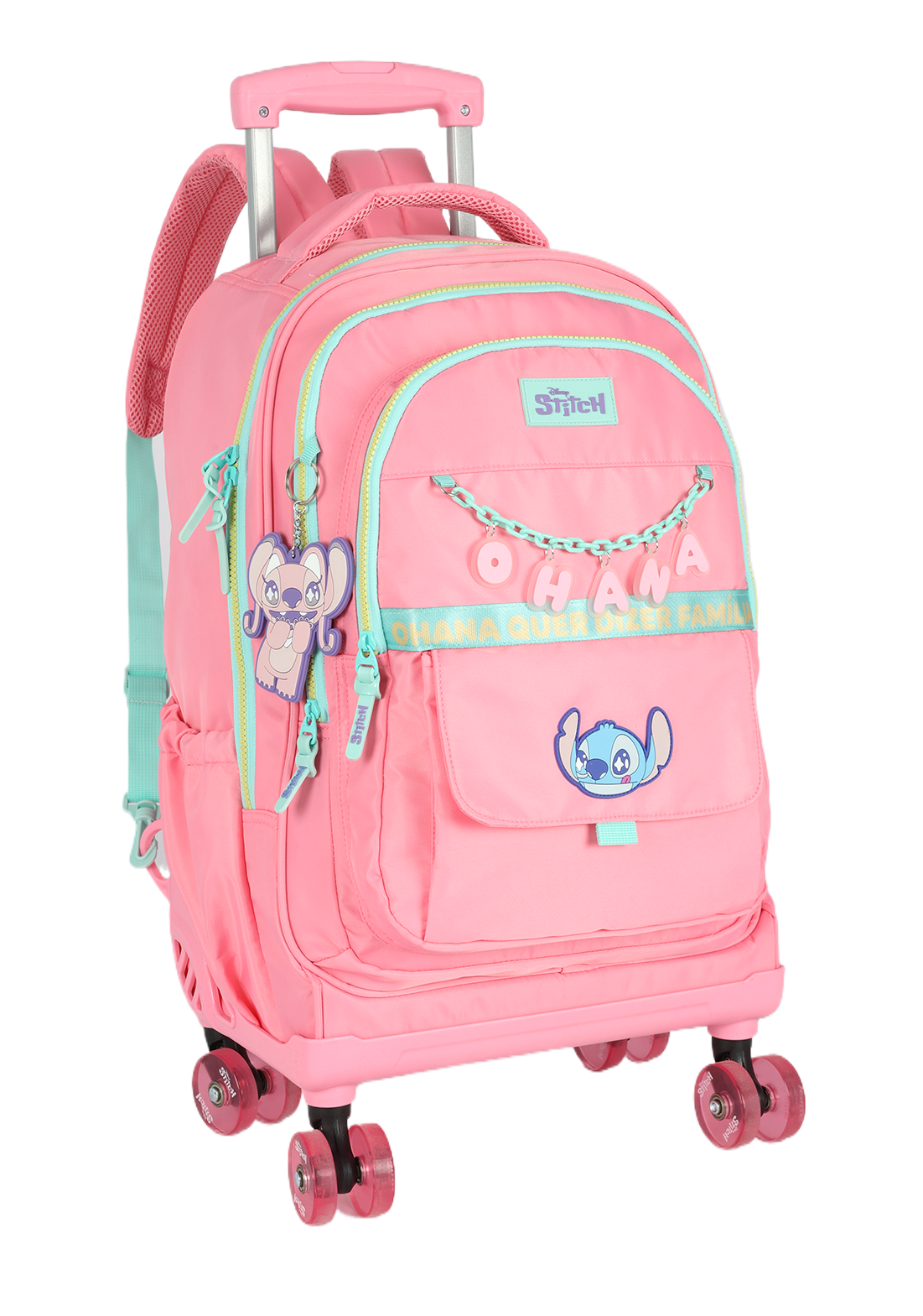 Mochila de Rodinhas G Stitch Disney Luxcel | Rosa Salmão e Turquesa | Ohana | Chaveiro Angel