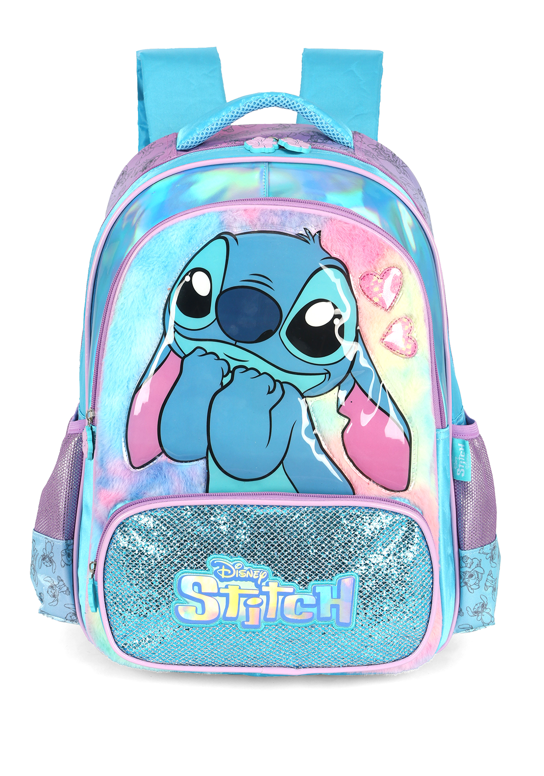 Kit Mochila de Costas G Stitch AZUL Pelúcia & Glitter + Estojo Box Duplo Holográfico Luxcel (2 Peças)