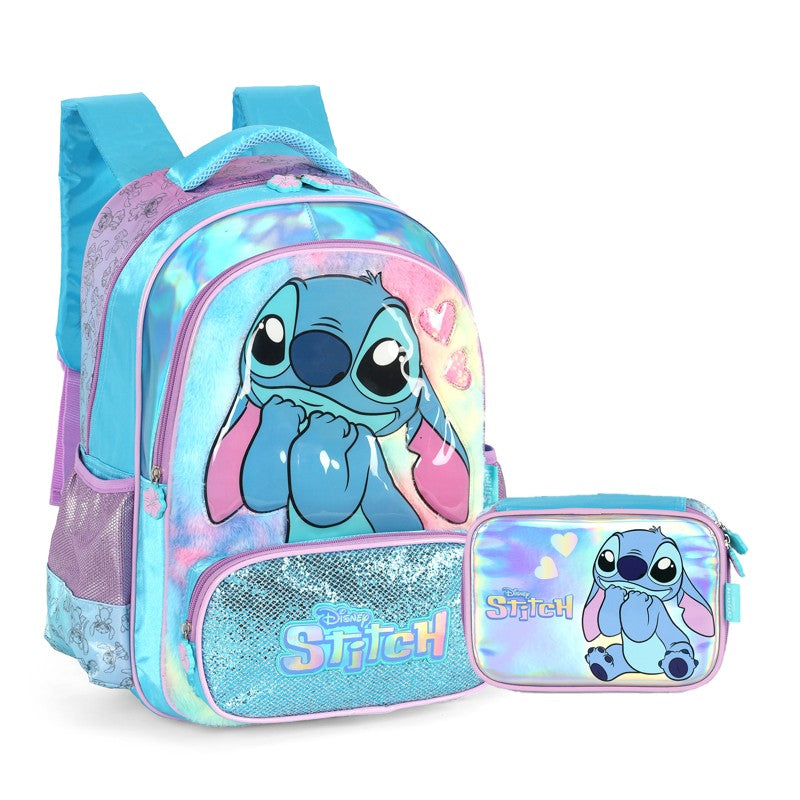 Kit Mochila de Costas G Stitch AZUL Pelúcia & Glitter + Estojo Box Duplo Holográfico Luxcel (2 Peças)