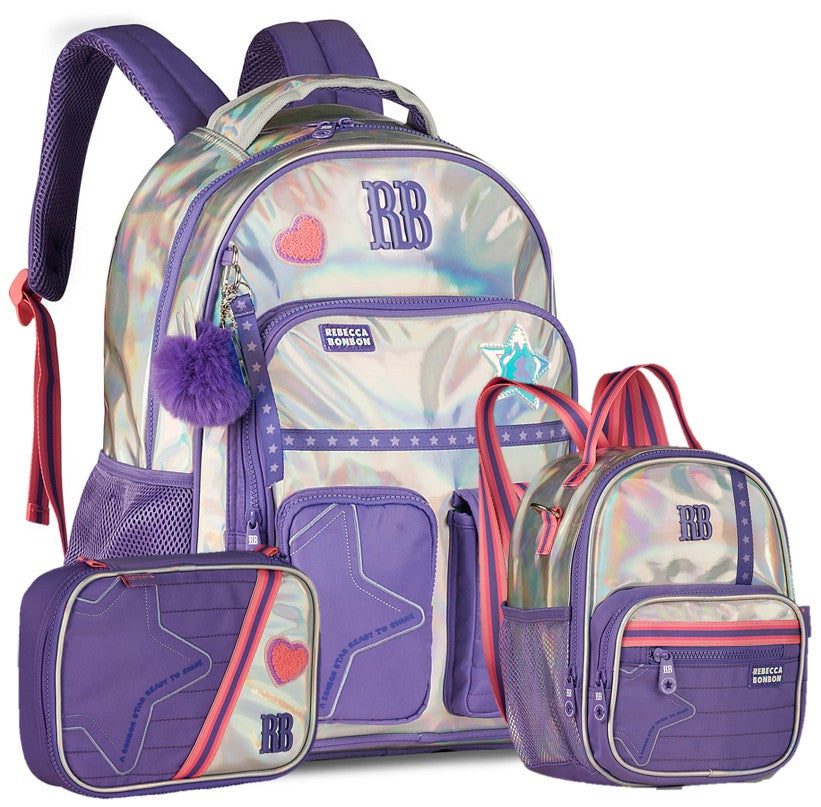Kit Completo Rebecca Bonbon Holográfico - Mochila + Lancheira + Estojo Box - Lilás