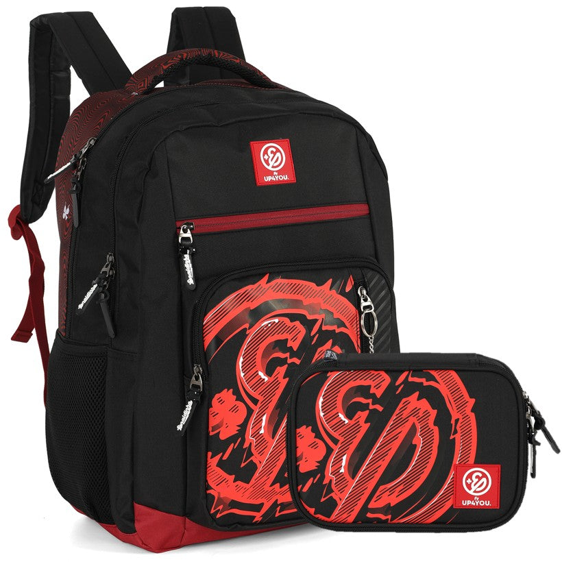 Kit Mochila de Costas G + Estojo Box Enaldinho Oficial | Preto e Vermelho | Up4You | 2 Peças