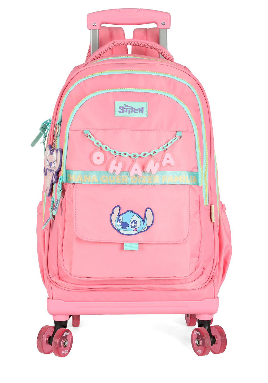 Mochila de Rodinhas G Stitch Disney Luxcel | Rosa Salmão e Turquesa | Ohana | Chaveiro Angel