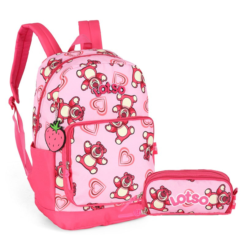 Kit Mochila de Costas G + Estojo Triplo Lotso Disney Luxcel | Toy Story | Rosa Pink | 2 Peças