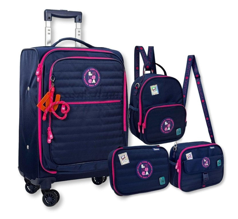 Kit Mala Escolar Luluca Rodinhas 360 Lancheira e Estojo